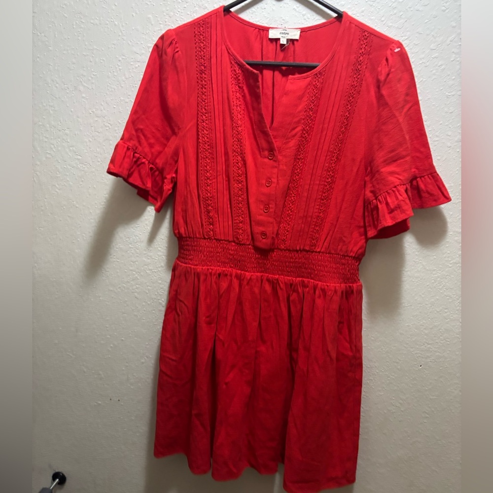Entro Red Ruffle Lace Pin Tuck Button Front Dress Size Large
